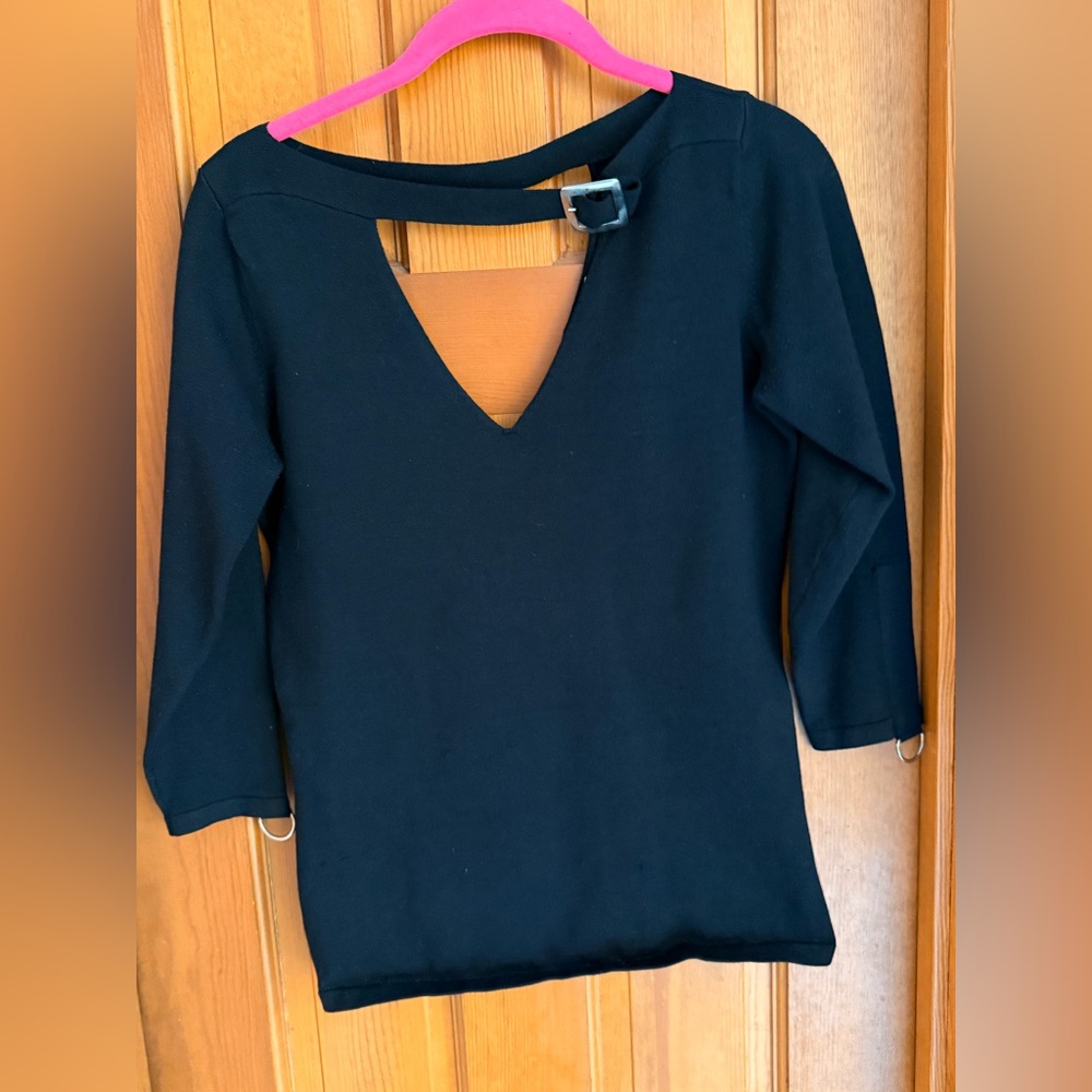 Cache Black V-Neck Blouse with Buckle Detail